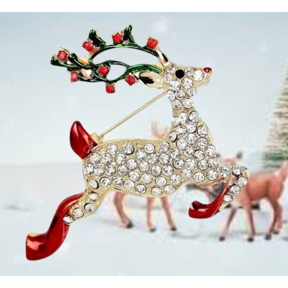 Reindeer Brooch Pin Rudolph Christmas Eve New Crystal Accents Santa Nort… - Picture 2 of 12